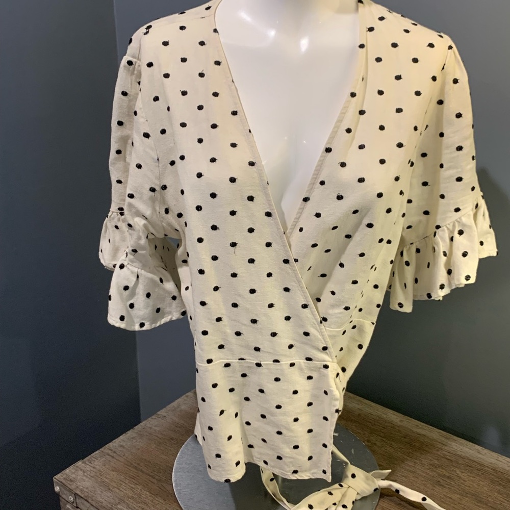 WAYF Peplum Wrap Top Polka Dot Sz L